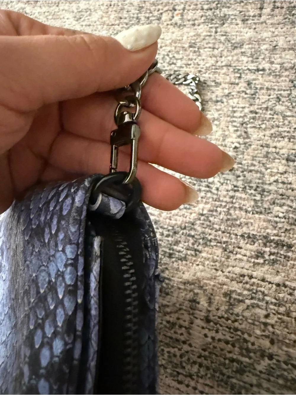 Aimee Kestenberg Blue Snake Pattern Crossbody Bag with Gunmetal Chain
